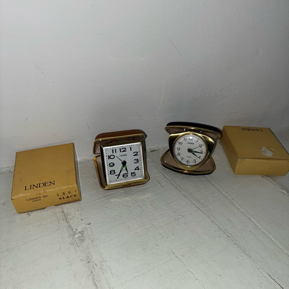 Two Vintage Linden Gold Travel Clock/Alarm Clocks
